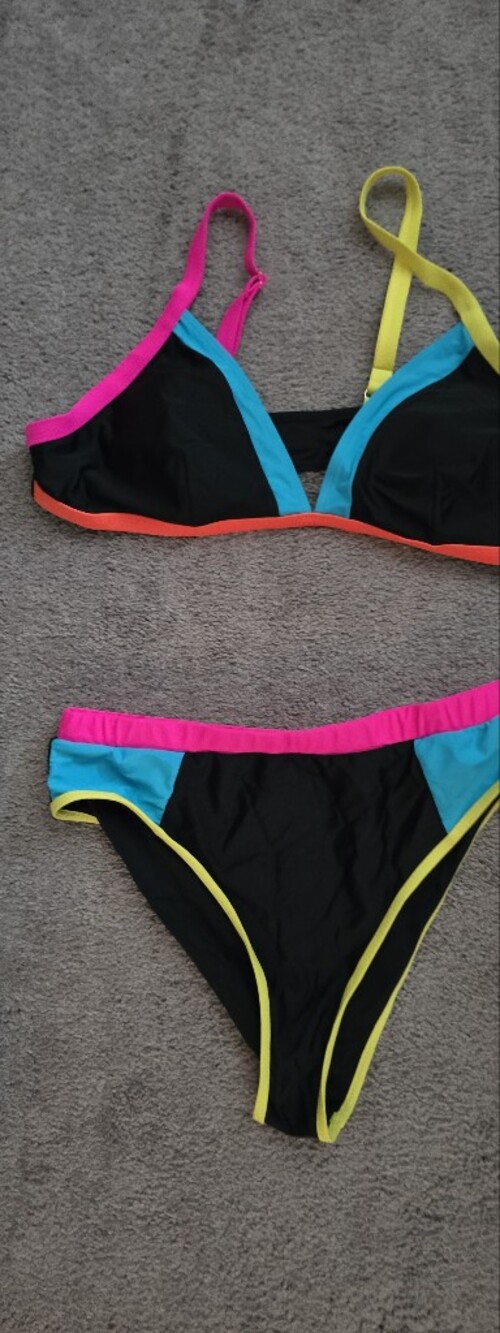 Colorblock Black Bikini with Neon Pink, Cyan & Yellow Trim